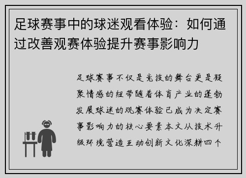 足球赛事中的球迷观看体验：如何通过改善观赛体验提升赛事影响力