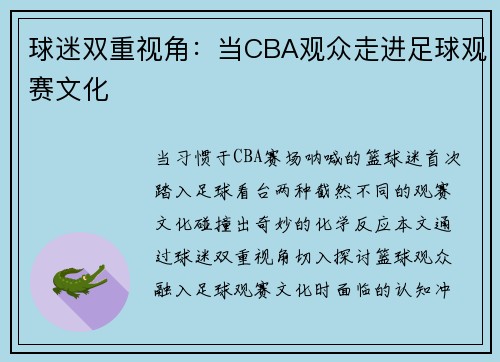 球迷双重视角：当CBA观众走进足球观赛文化