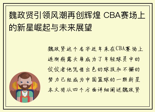 魏政贤引领风潮再创辉煌 CBA赛场上的新星崛起与未来展望