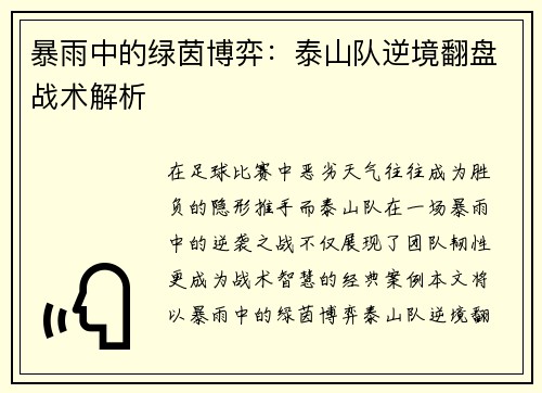 暴雨中的绿茵博弈：泰山队逆境翻盘战术解析