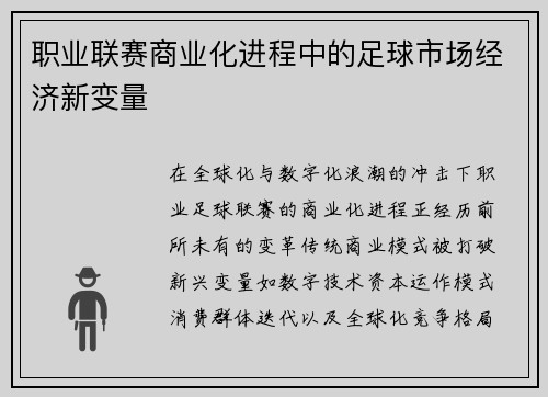 职业联赛商业化进程中的足球市场经济新变量